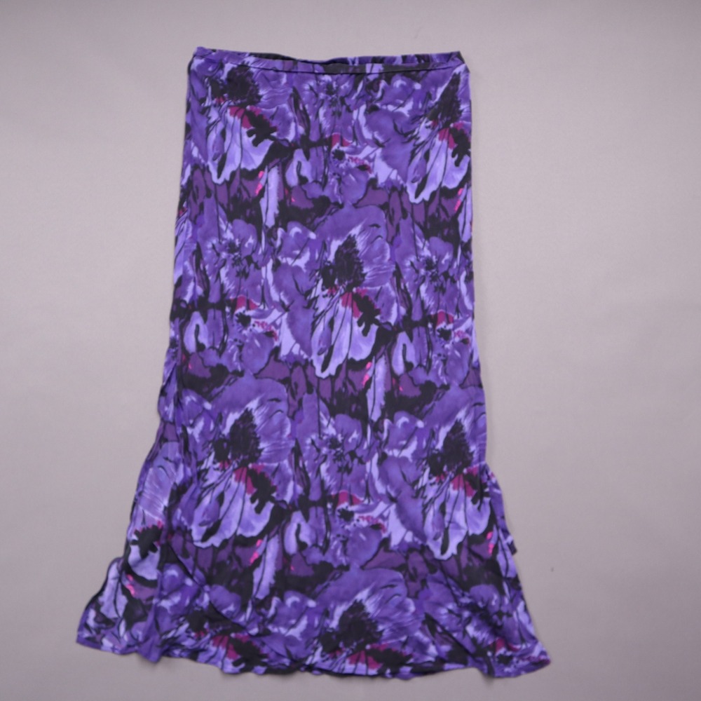 Chicos Design Purple Floral Silk Maxi Skirt Size 2 Vintage Poppy Print Long